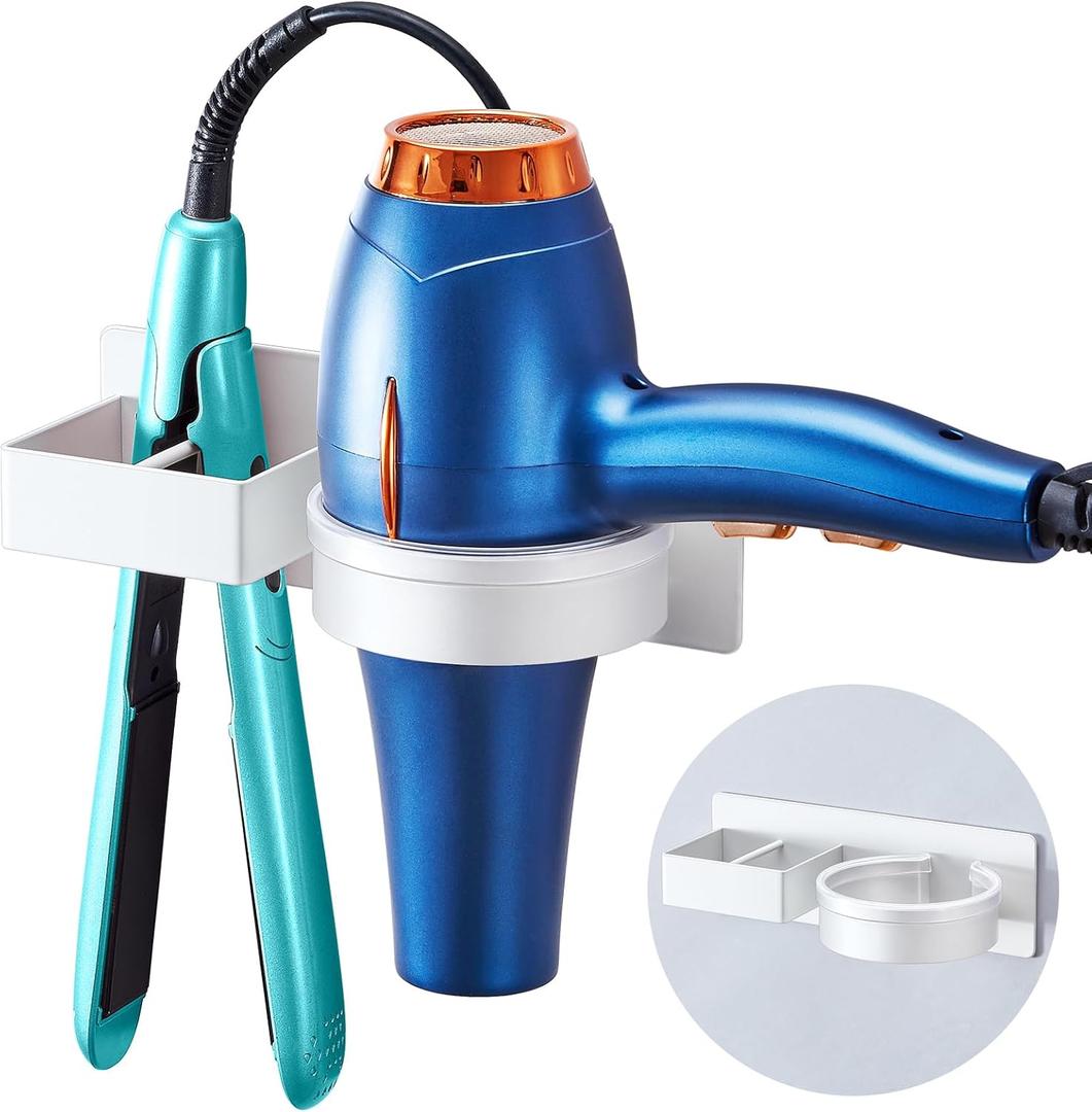 Blow Dryer Holder Wall Mounted, Hair Straightener Holder, Hair Dryer Holder Adhesive, Hair Tool Organizer for Flat Iron, Hairdryer, Curling Iron Holder for Bathroom Vanity Barber Shop (White)