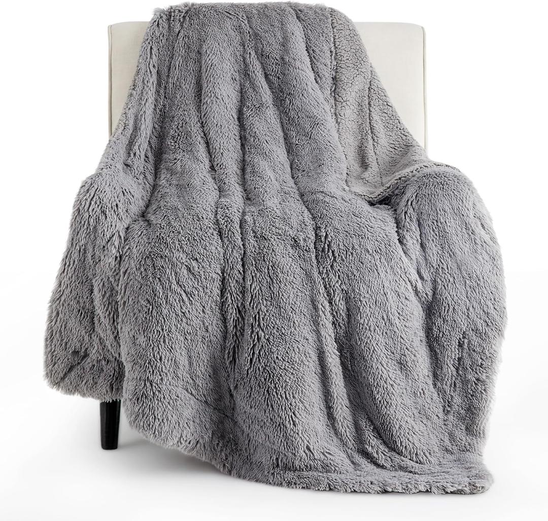 Bedsure Fuzzy Sherpa Faux Fur Twin Blanket Grey Cozy Gifts for Women Men, Soft Fleece Plush Warm Minky Thick Blanket Twin Size for Bed, Couch, Room Decor Dorm Essentials Grey Decor Gifts, 60x80