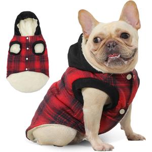 Fleece Lining Dog Hoodie for Medium Dogs Extra Warm Plaid Sweater with Drawstring Hooded Coats in Winter Puppy Jacket,Red L (Pack of 1)