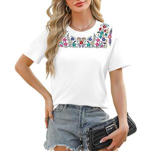 Women Mexican Embroidered Shirt Mexico T-Shirt Traditional Summer Blouse Boho Floral Embroidery Tunic