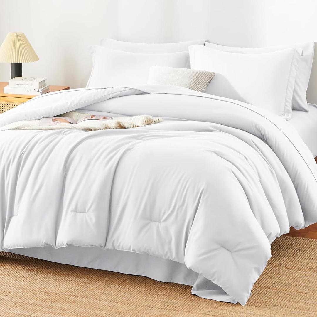 Queen Comforter Set - 7 Pieces Bed in a Bag Queen Size, Luxury Comforter Set with Sheets for All Season, Bed Set with Comforter, Flat Sheet, Fitted Sheet, Pillowcases & Shams, White