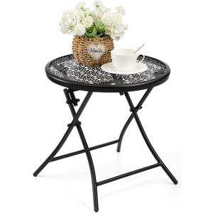 TeoKJ Folding Outdoor Side Tables, Anti Rust Small Patio Table Round Metal Nightstand with Flower Cutouts for Porch Yard Balcony Deck Lawn, Black