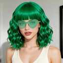 Green Wavy Bob Wig with Bangs Heart Sunglasses for Women, Funny Hair Replacement Curly Bob Synthetic Wigs with Hair Cap for Cosplay Costume Bachelorette 80s Retro Party Birthday Fancy Dress