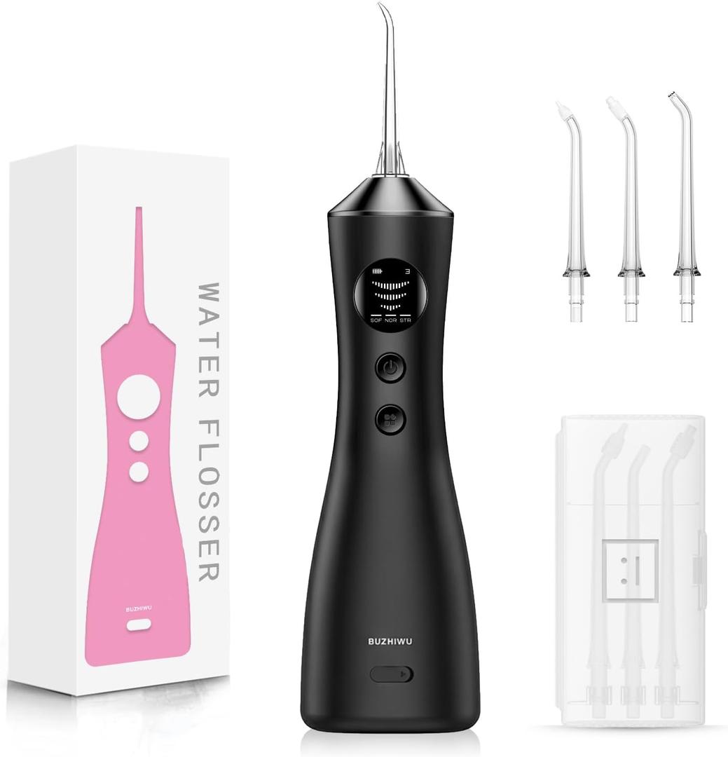 Water Dental Flosser for Teeth, Portable Cordless Water Flosser with 300ML Rechargeable with Type-C, IPX7 Waterproof Water Flossers for Adults with 3 Intensity Modes and 3 Flossing Tips (Dark)