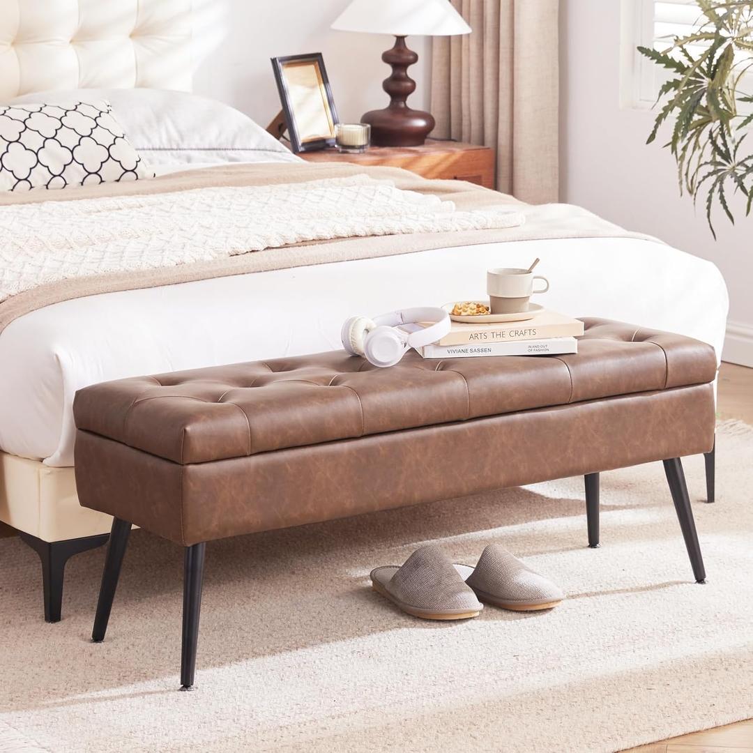 CUYOCA Storage Ottoman Bench Bed, 40" Faux Leather Tufted Entryway Bench, Long Ottoman with Storage for Living Room, Support 660lbs - Retro Brown