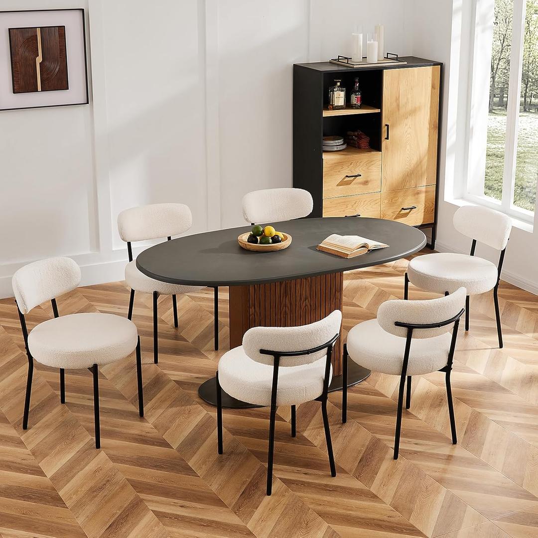 OLIXIS DUMOS Dining Chairs Set of 6, Mid Century Modern Chair Round Upholstered Curved Backrest, Kitchen Vanity Living Room Chairs with Black Metal LegsBeige
