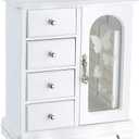 RR ROUND RICH DESIGN Jewelry Box - Made of Solid Wood with 4 Drawers Organizer and Built-in Necklace Carousel and Large Mirror White