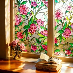 Oxdigi 3D Stained Glass Window Film - Static Cling Privacy Protection & UV Blocking, Night Rose Pattern 23.6x35.4 (No Residue, Reusable)