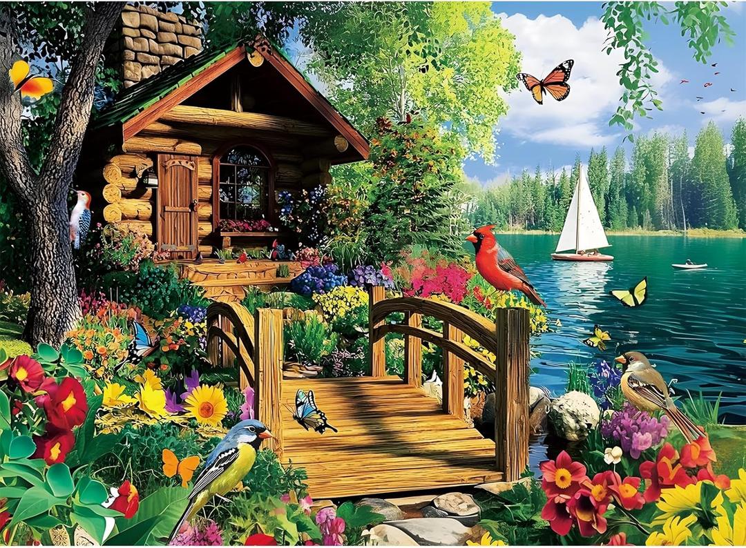 300 Piece Puzzles for Adults,Lake Cabin Jigsaw Puzzle for Adults Kids Elderly,Large Piece Countryside Puzzle for Kids Age 8-10 10-12,Challenging Landscape Puzzle,Family Game Great Gift 20.5x15in