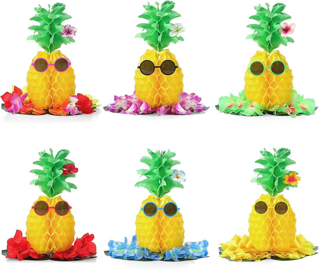 6 Sets 14 Inch Hawaiian Pineapple Party Decorations Include Tropical Pineapple Honeycomb Table Centerpieces Sunglasses Wristbands Tropical Leaves for Beach Summer Wedding Party Supplies