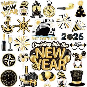Xuhal 23 Pcs New Year Cruise Door Magnet Gold Black New Year Refrigerator Magnets Gnome Balloon Fridge Magnetic Stickers Garage Magnet for Holiday Car Cabin Door Decor