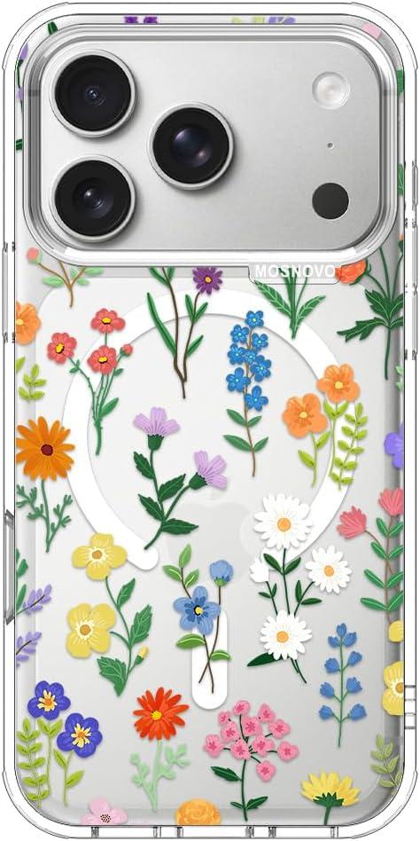 MOSNOVO for iPhone 17 Pro Case | Compatible with Magsafe | Military Grade 6.6ft Drop Tested | Camera Control | Clear with Botanical Floral Design