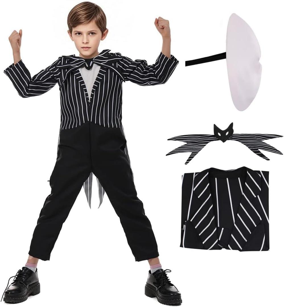 Striped Costume Boys Mask Jumpsuit Fancy Dress Cosplay Outfits Pants Bowtie for Halloween Christmas Party Cosplay (150)