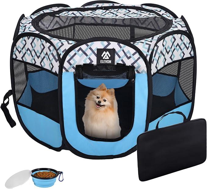 ELEVON Portable Pet Playpen, Dog Playpen Outdoor Tent Kennel, Water-Resistant Cat Kitten Playpen with Carrying Case Collapsible Travel Bowl, Foldable Puppy Playpen Crate with Removable Shade Cover
