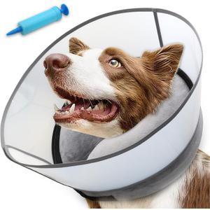 Upgraded Inflatable Dog Cone Collar with Transparent Anti-Licking Shield, Adjustable Elizabethan Collar for Medium Large Dogs, 2-in-1 Design with Detachable Shield (Gray, L)
