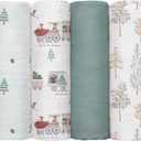 GLLQUEN BABY Receiving Blanket Boy Cotton Muslin Swaddle Blankets Girl Newborn Squares Breathable & Soft Thin Baby Blankets Cloths Double Absorbent Infant Swaddling Wrap - 6 Pack (Pine Tree & Train)