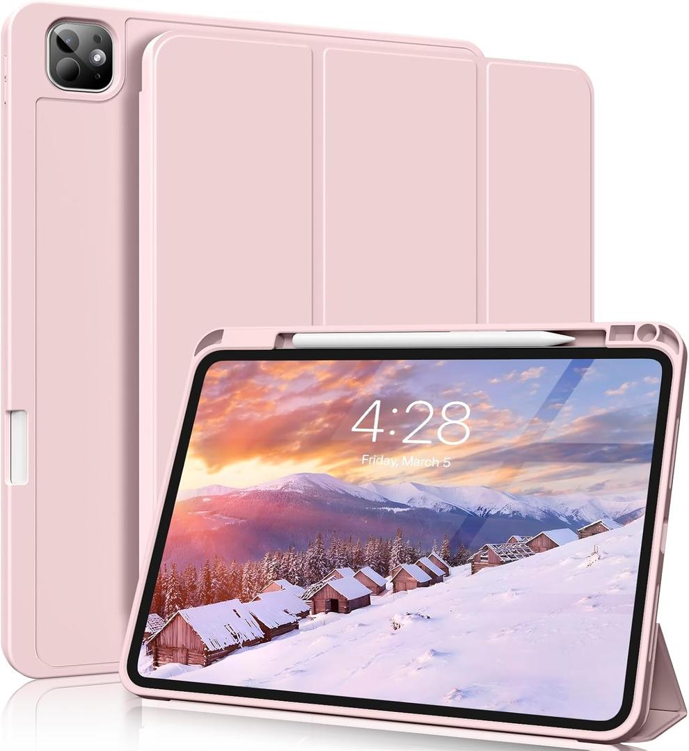 for iPad Pro 13 inch Case (M5/M4) 2025/2024, Slim Protective Cover with Pencil Holder, Soft TPU Back Cover, Trifold Stand, Auto Wake/Sleep, A2925 A2926 A3007 A3362 A3359 (Pink)