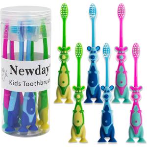 Newday Kids toothbrushes 6 Pack Set Soft Bristles Fun Lovely with Suction Cup, Includes Travel Covers, Animal toothbrushes for Kids Boys & Girls, Toddlers &Children Teeth (Blue Pink Green)