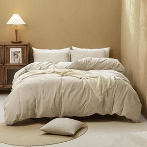FOSSA Duvet Cover Set 100% Washed Cotton Linen Feel Super Soft Breathable Cozy 3 Pieces Bedding Sets Solid Light Khaki King (King (104"  90"), Khaki (No Comforter))