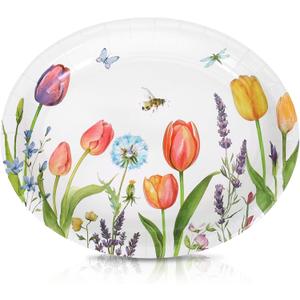 50Pcs Lavender Tulip Oval Paper Plates Large Disposable Heavy Duty Spring Summer Blooming Floral Dinner Dessert Paper Platters for Mom Mother's Day Baby Bridal Shower Party