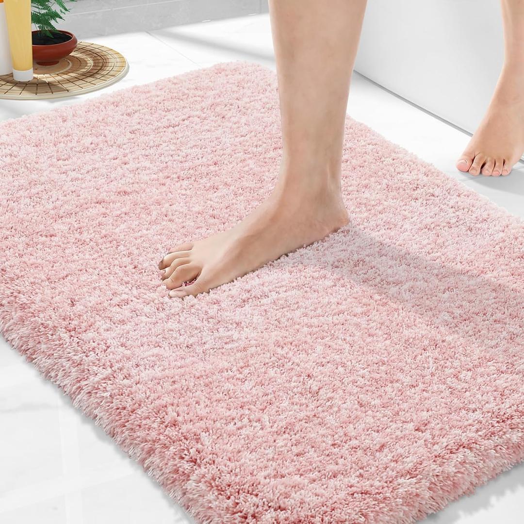 Yimobra Bathroom Rugs Non Slip Washable 36x24, Ultra Soft and Water Absorbent Bath Mats, Plush Fluffy Shower Mat Outside, Luxury Microfiber Thick Matts for Bathroom Floor/Tub, Light Pink and White