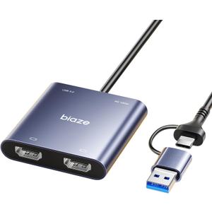 Dual HDMI Adapter, USB C & USB 3.0 to Dual HDMI 60Hz Hub with 100W PD Charging, 2 Monitor Extended Display Adapter for MacBook M1/M2/M3, Windows Laptops, iPad Pro, Chromebook