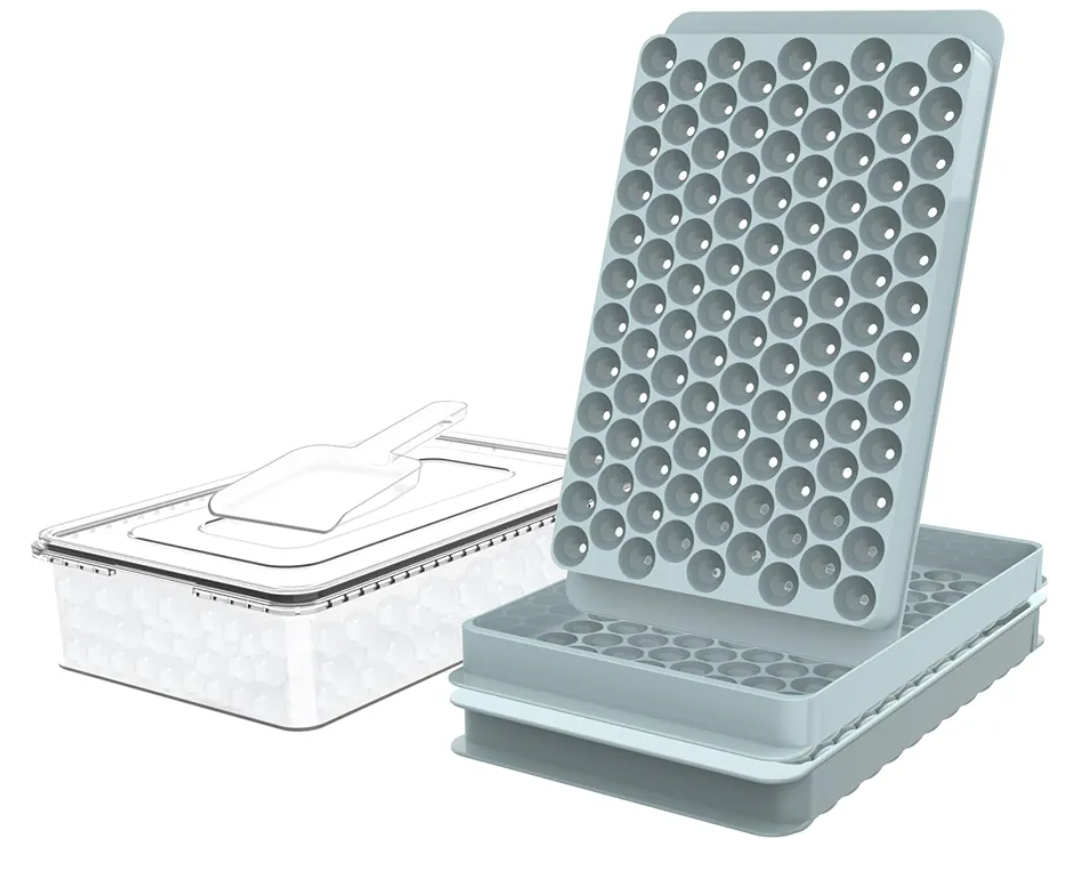 WIBIMEN Mini Ice Cube Trays, 0.55” Tiny Pebble Ice for Iced Coffee & Cocktails, Fast Chill, Easy Twist Release, Stackable with Lid & Storage Bin (2 Pack, Blue)