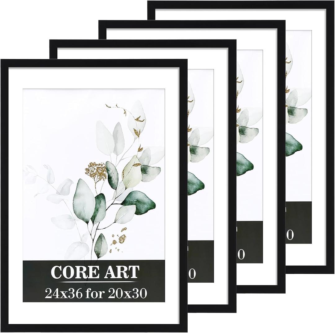 CORE ART 24x36 Poster Frame 4 Pack - Black Picture Frame for Wall Display, Fits 20x30 with Mat or 24 x 36 Without Mat, Horizontal & Vertical Mounting