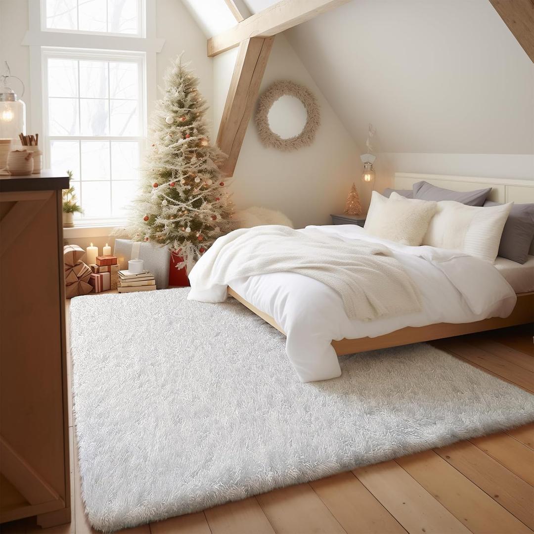Ophanie Upgraded White Rugs for Bedroom Fluffy, Shaggy Bedside Floor Dorm Area Rug, 3x5 Feet Soft Fuzzy Non-Slip Indoor Room Carpet for Kids Boys Girls Teen Home Decor Aesthetic, Nursery