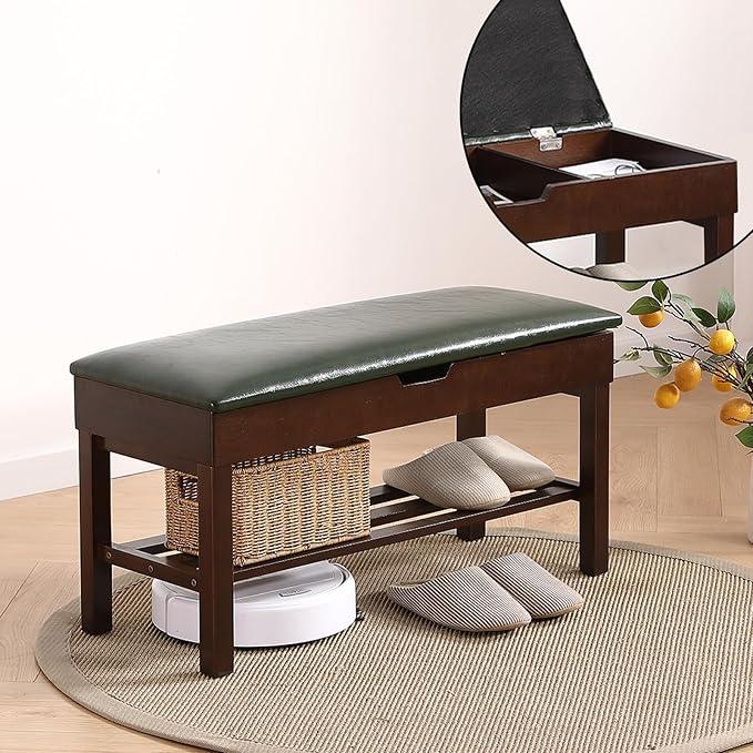 Solid Wood Shoe Bench with Lift-Up Cushion Storage 2-Tier Shoe Rack for Front Door Entrance Hallway Benches with Hidden Storage (Walnut Green, 31.5in)