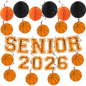 Basketball Senior Night 2026 Party Decor Senior 2026 Sport Theme Banner with Honeycomb Balls Basketball Photo Backdrop Sport Graduation Hanging Ornaments for High School College Graduation Supplies