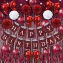 Arrowbash 33 Pcs Burgundy Maroon White Birthday Decorations Include Happy Birthday Banner, Red Tinsel Foil Backdrop, Tissue Paper Pom Poms, Circle Dots Garland, Bow Balloons, Paper Tassels