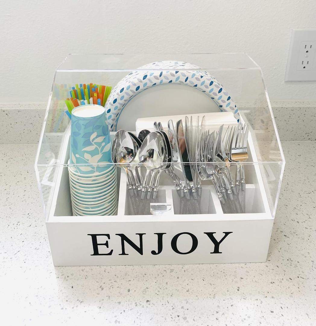 Wood disposable cutlery organizer with acrylic lid-protects from duct and insects-ideal for parties, kitchen and outdoors.