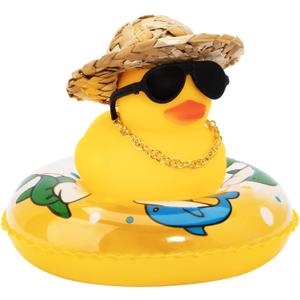 wonuu Car Rubber Duck, Yellow Duck Decoration Dashboard with Sun Hat Swim Ring Necklace Sunglasses for Car Dashboard Decorations