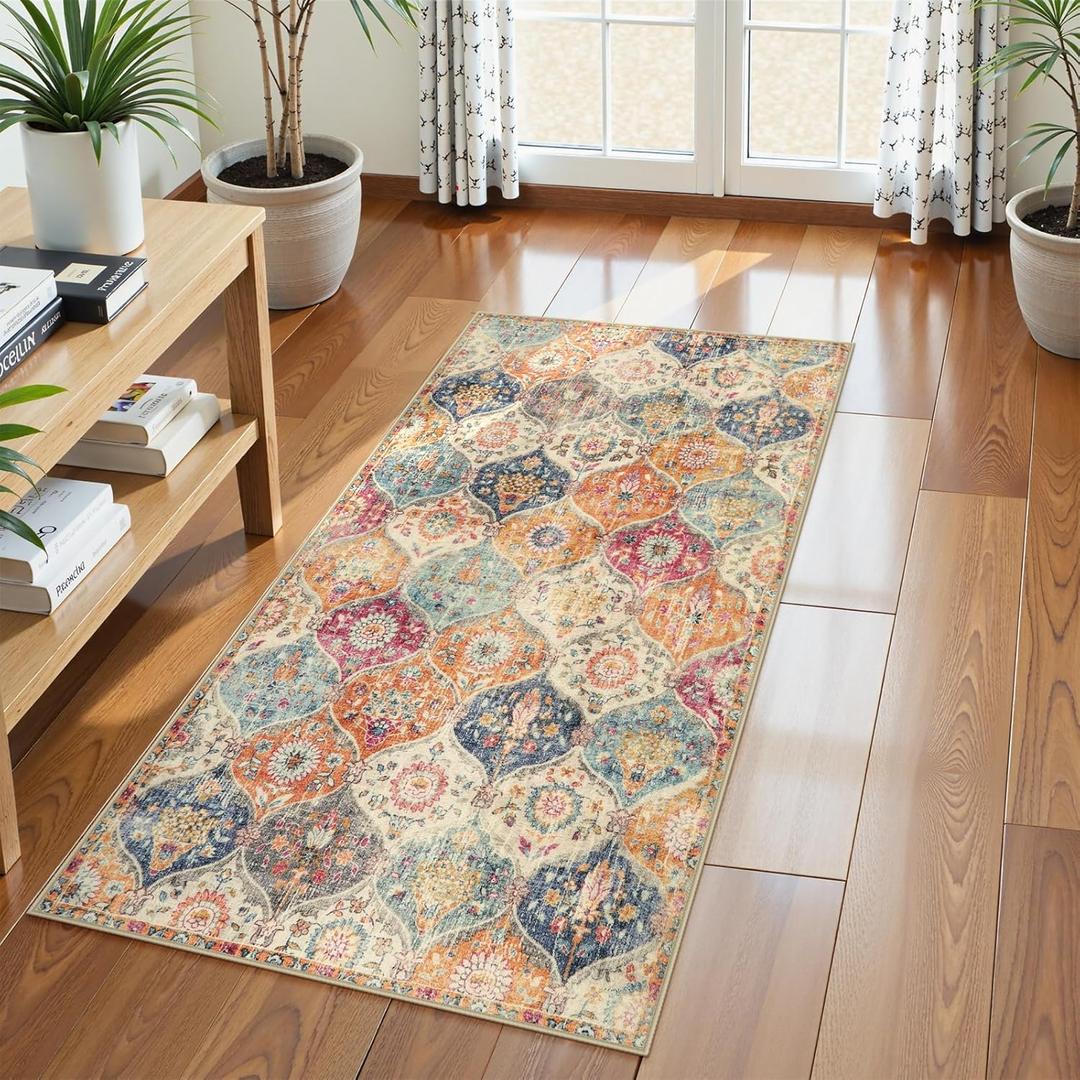 Lahome Kitchen Rugs Non Slip Washable Rugs for Entryway, 2x4 Rug Non-Slip Moroccan Trellis Ultra-Thin Indoor Door Mat Small Carpet for Bathroom Bedroom Entry Elise, Cream/Multi (Burnt Orange/Teal Multi)