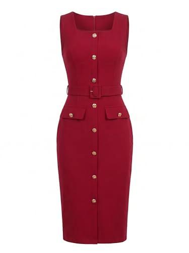 Allegra K Work Dress for Women's Sleeveless Square Neck Formal Belted Bodycon Midi Dress Medium Red