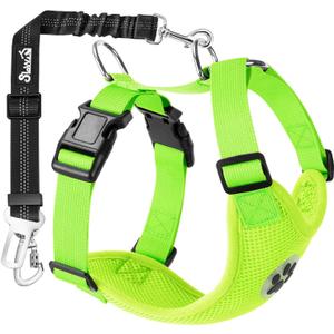 SlowTon Dog Car Harness Seat Belt Set, Dog Vest Harness Adjustable Mesh Breathable & Vehicle Safety Seatbelt Tether with Elastic Bungee for Small Medium Large Pets (Lime Green, M)