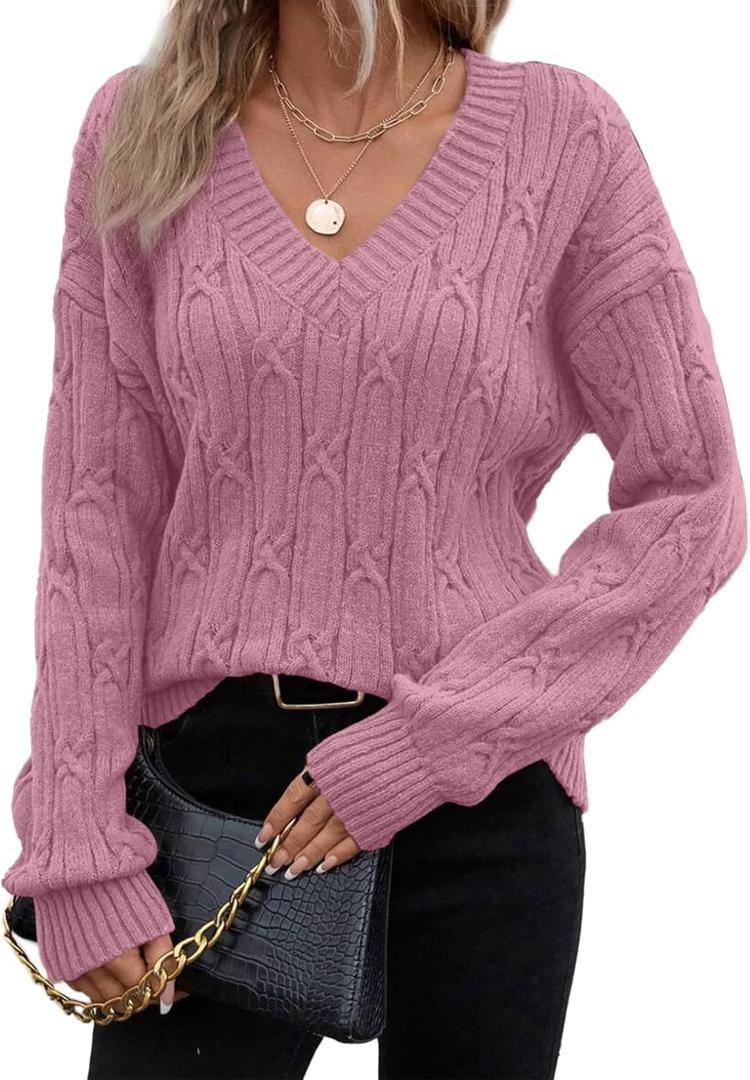 SHEWIN Womens Sweaters Casual V Neck Long Sleeve Cable Knit Crochet Sweater Spring Outfits for Women 2026 (Large, Pink)