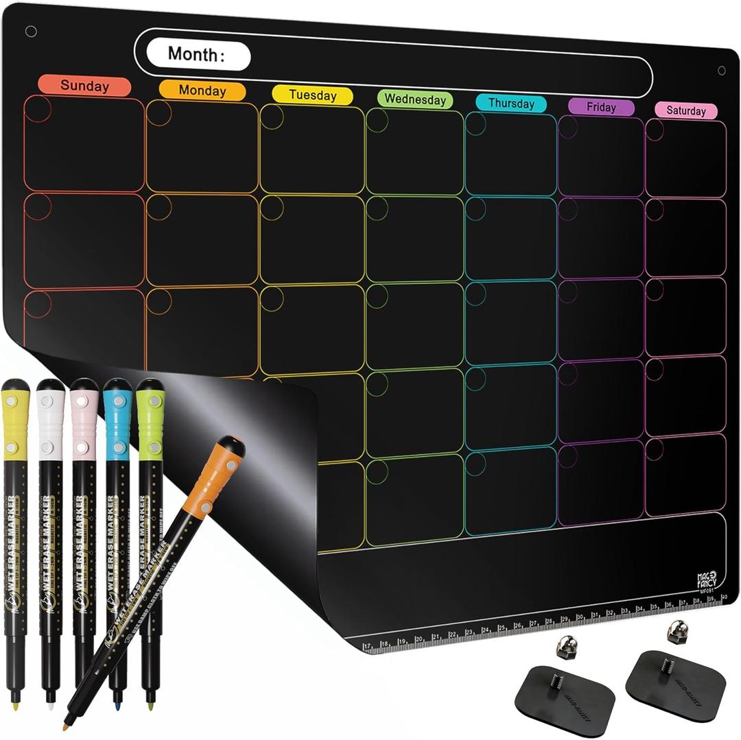 MAG-FANCY Magnetic Calendar for Refrigerator Dry Erase Calendar Black Monthly Chalkboard Planning Board 6 Fine Tip Wet Erase Markers & Mounts for Wall Hanging