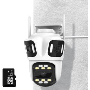 3 In 1 Security Camera Indoor Outdoor, 360 View Pan/Tilt Wi-Fi Camera Wired 24/7 Recording, 32GB Local Storage, No Subscription, Free AI Detection, Motion Tracking, 2 Way Audio, Color Night Vision