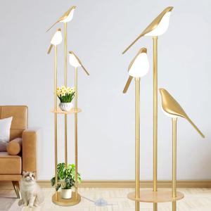 Gold Floor Lamp for Living Room With Shelves - Modern Mid Century Standing Light With 3 Adjustable LED Bird Lights, Corner Tall Lamp With Table, Brass Stand for Bedroom Kids Room