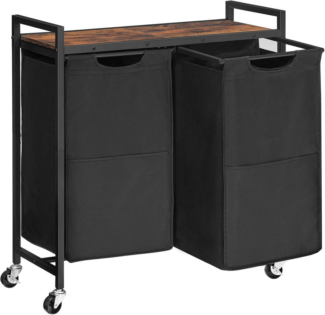 HOOBRO Laundry Hamper, Laundry Sorter 2 Section, 2  13 Gal (49.5L), Laundry Basket with Wheels, Rolling Cart, Pull-Out and Removable Oxford Fabric Bags, Rustic Brown and Black BF72XY01