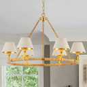 33 Hand Woven Rattan Boho Pendant Light with White Fabric Shade 6-Lights Wagon Wheel Chandelier for Dining Living Room Bedroom Kitchen, UL Listed