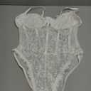 Lilosy Sexy Mesh Sheer Floral Lace Corset Lingerie Bodysuit Bustier Cami Top (Large, Wireless White)