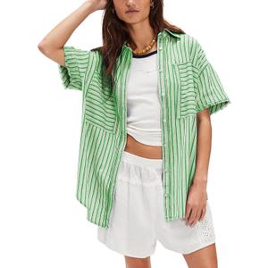 Womens Striped Button Down Shirts Casual Collared Short Sleeve Blouses Tops (Green, L)