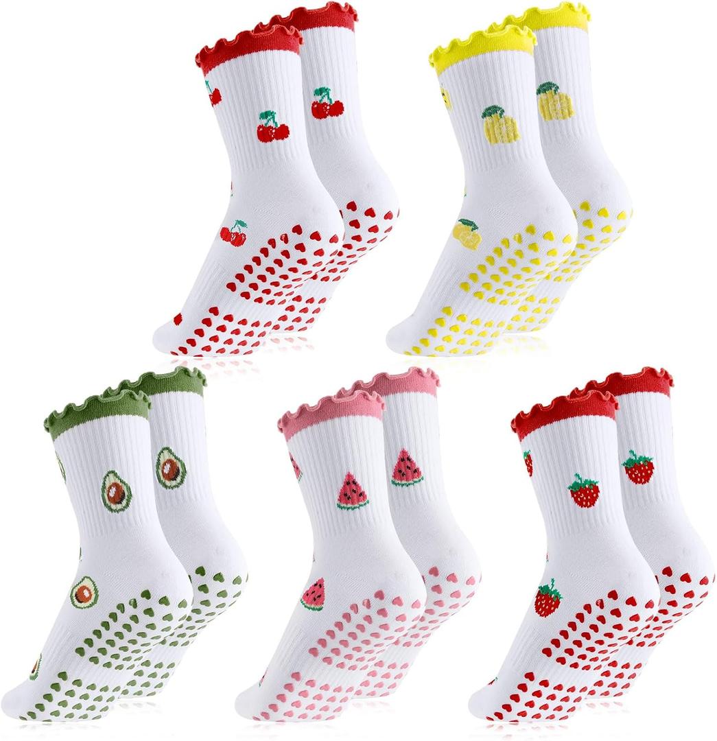 Mepase 5 Pairs Cute Pilates Socks with Grips for Women Fruit Non Slip Yoga Socks Lettuce Edge Novelty Funky Cool Frilly Strawberry Cherry (White)