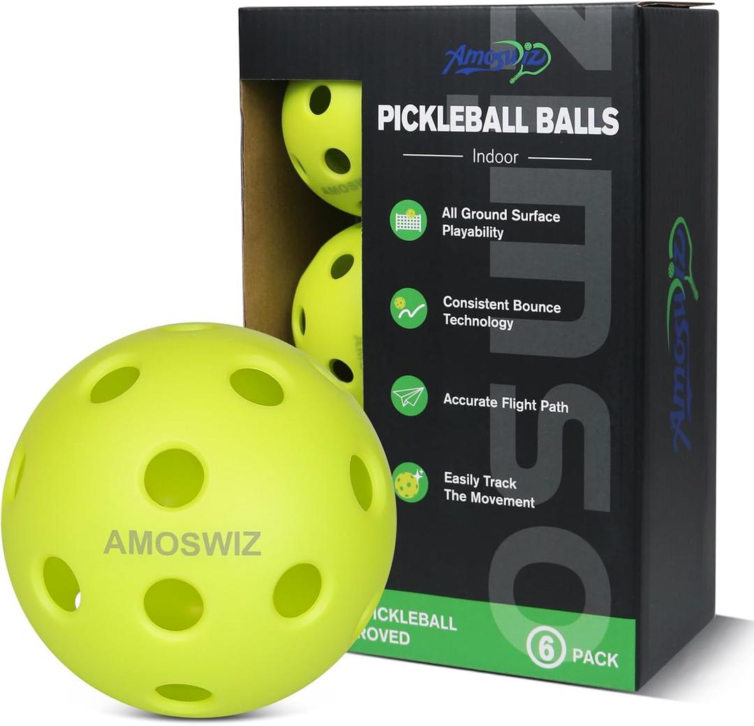 Indoor Pickleball Balls, 6 Pack of 26 Holes Pickleballs, Indoor Pickleballs Set, High Visibility Durable Pickle Balls for Training and Tournament