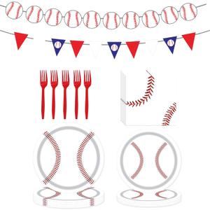 98 PCS Baseball Party Decorations, 96 PCS Baseball Plates and Napkins + 2PCS Party Banners, Disposable Tableware for 24 People