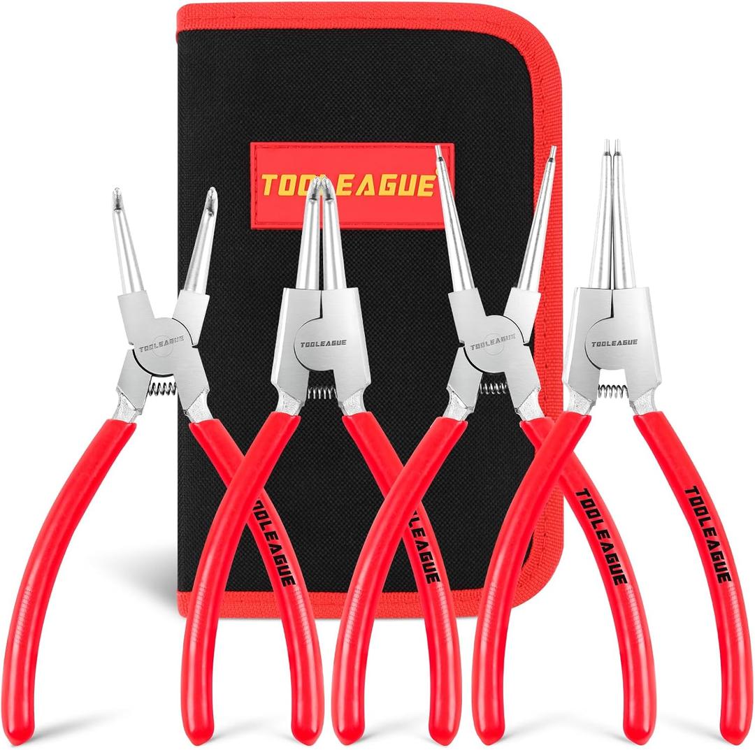 TOOLEAGUE 4 Pcs Snap Ring Pliers Set, Circlip Pliers, 9 inches Internal/External Heavy Duty for Ring Remover Retaining Straight Bent Lock Ring Pliers Set, 9 inches (Bent/Straight, Internal/External, 4Pcs), Red