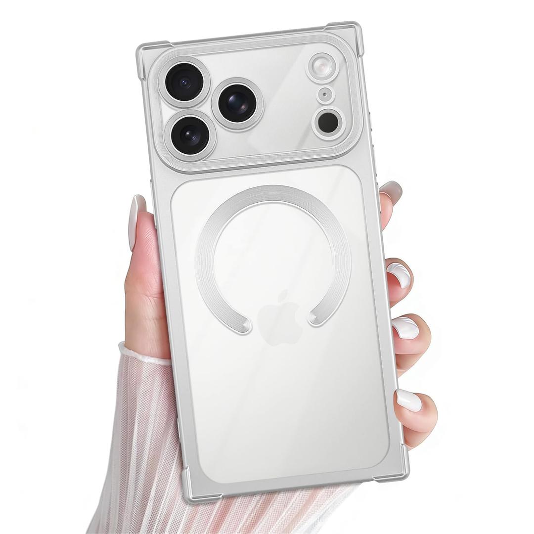 PSIOXY Clear Magnetic Phone Case for iPhone 17 Pro Max Rectangle Silver